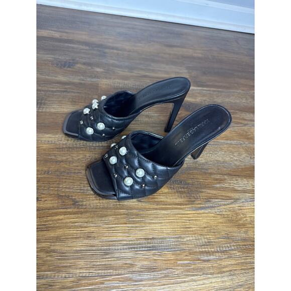 Karl Lagerfeld size 7 AMINA black open toe pearl studded quilted mule heel - Picture 13 of 13